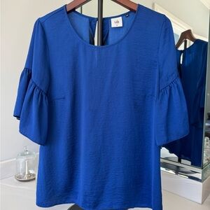 CAbi Rhyme Royal Ruffled Bell Sleeve Blouse US M